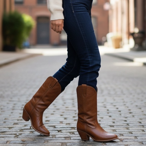 1990s Frye VINTAGE Pull On Brown Leather Low Heeled Cowboy Comfy Western Boot